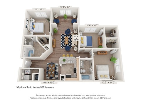 Floor plan for 3 beds, 2 baths, 1327 sqft